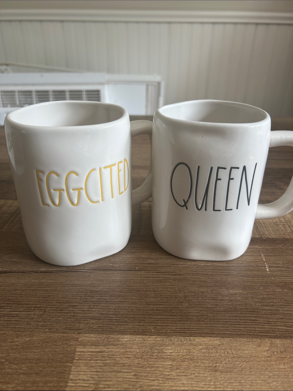 Rae Dunn White Ceramic Mugs - "EGGCITED" Yellow & "QUEEN" Black - Set of 2